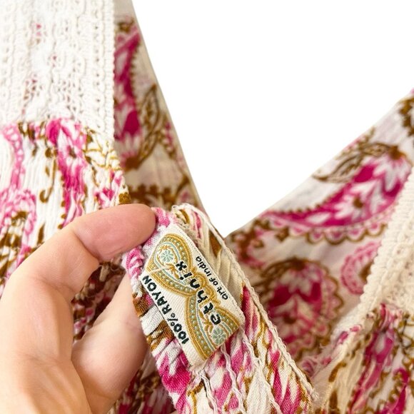 Ethnix Lace Tiered Paisley V-Neck Festival Midi Dress Smocked Boho Cottagecore - Picture 6 of 6